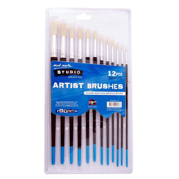 Mont Marte 12piece Artist Brushes - Round Head with Hog Bristle